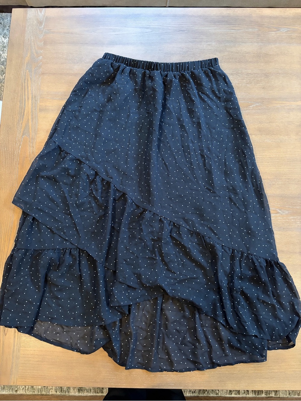 Black Polka Dot Ruffle Tiered Midi Skirt